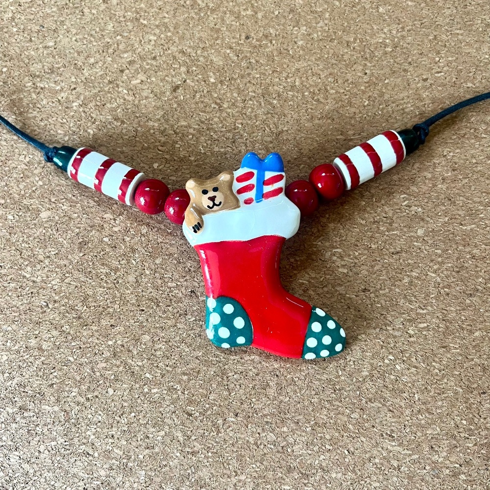 Flying Colors Christmas Stocking Necklace – Hand-Painted Ceramic Holiday Jewelry